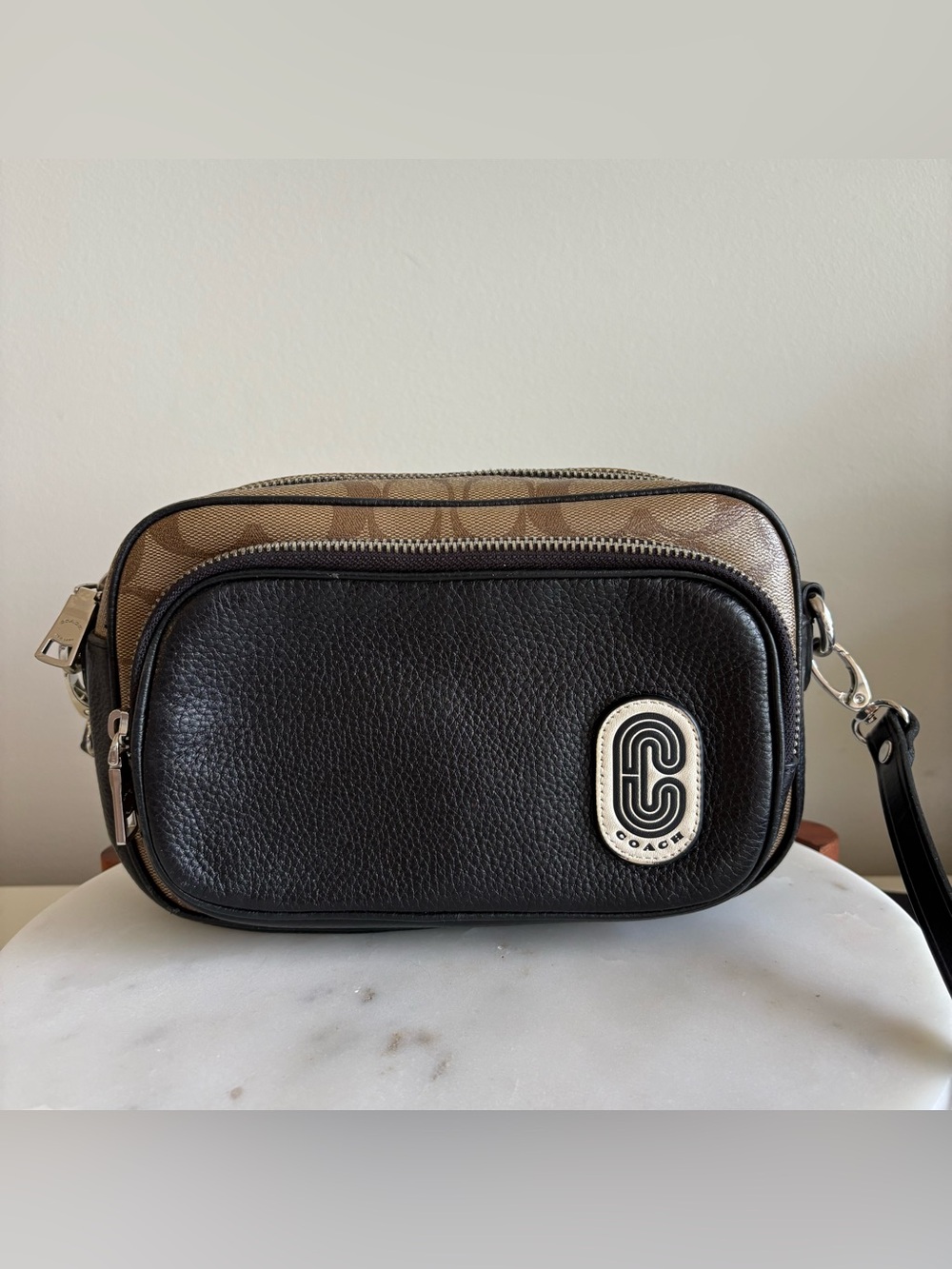 Coach Court Crossbody Bag 1695 Signature Canvas Black Leather Logo Patch